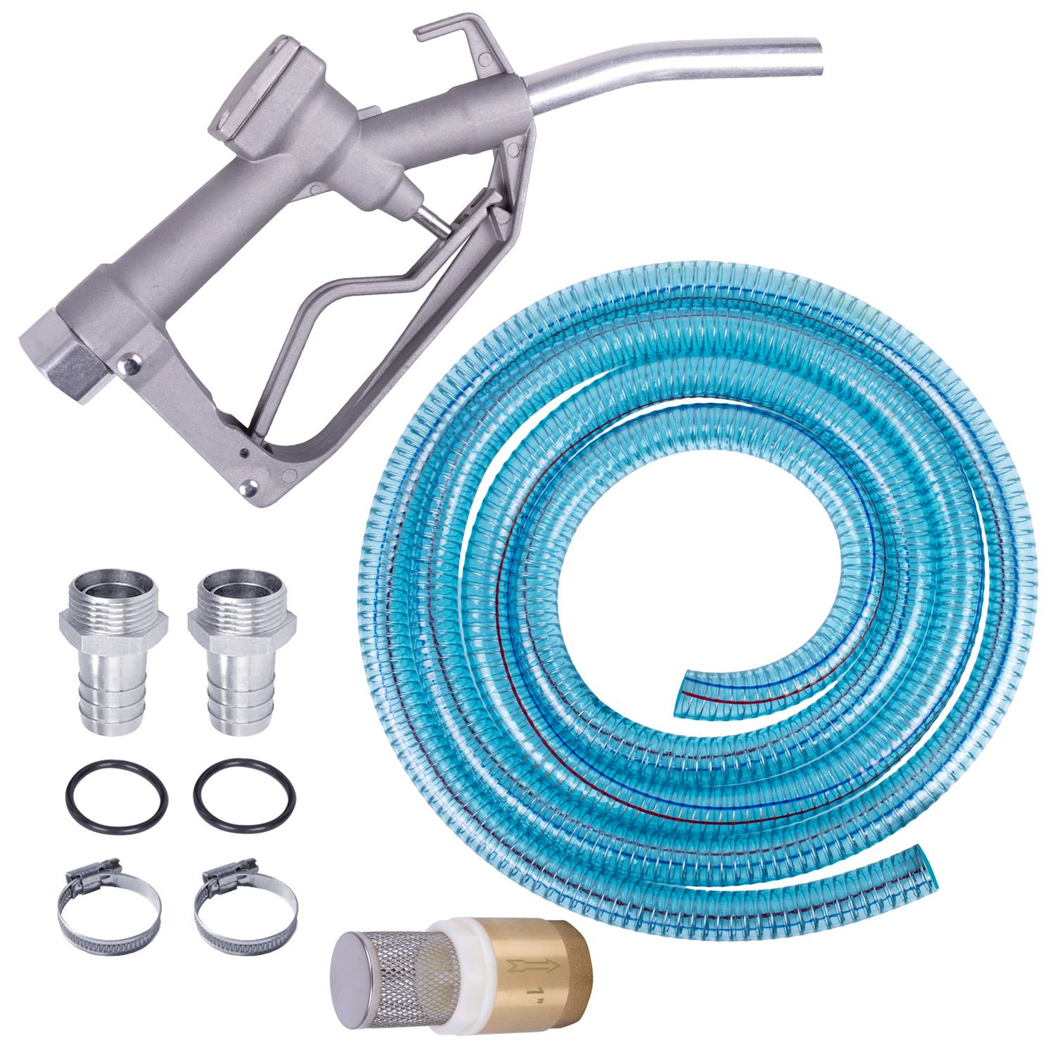 Dieselpumpen-Zubehör-Set: Zapfpistole für Dieselpumpen und Wasserpumpen, PVC-Schlauch, Rückschlagventil, Tüllen und Schlauch-Schellen