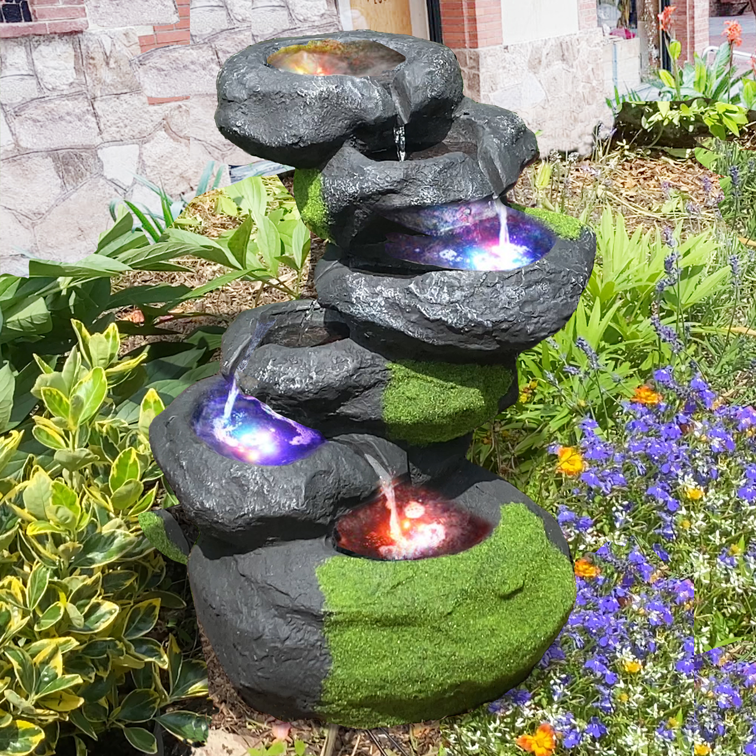 230V - Gartenbrunnen FELS-KASKADE geschwungen mit 4 RGB LED-Licht-230V