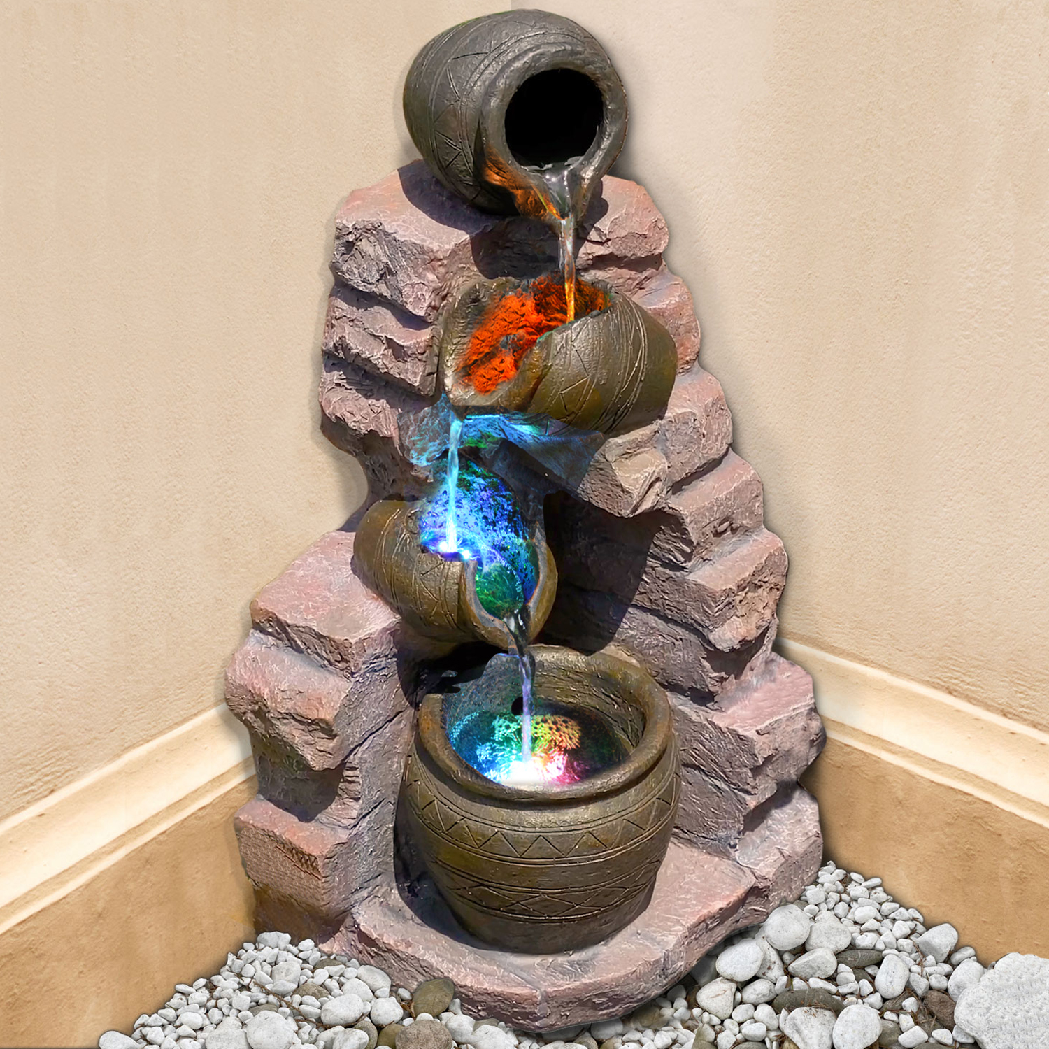 230V - Gartenbrunnen TONZIEGEL & KRÜGE mit 3 RGB LED-Licht-230V