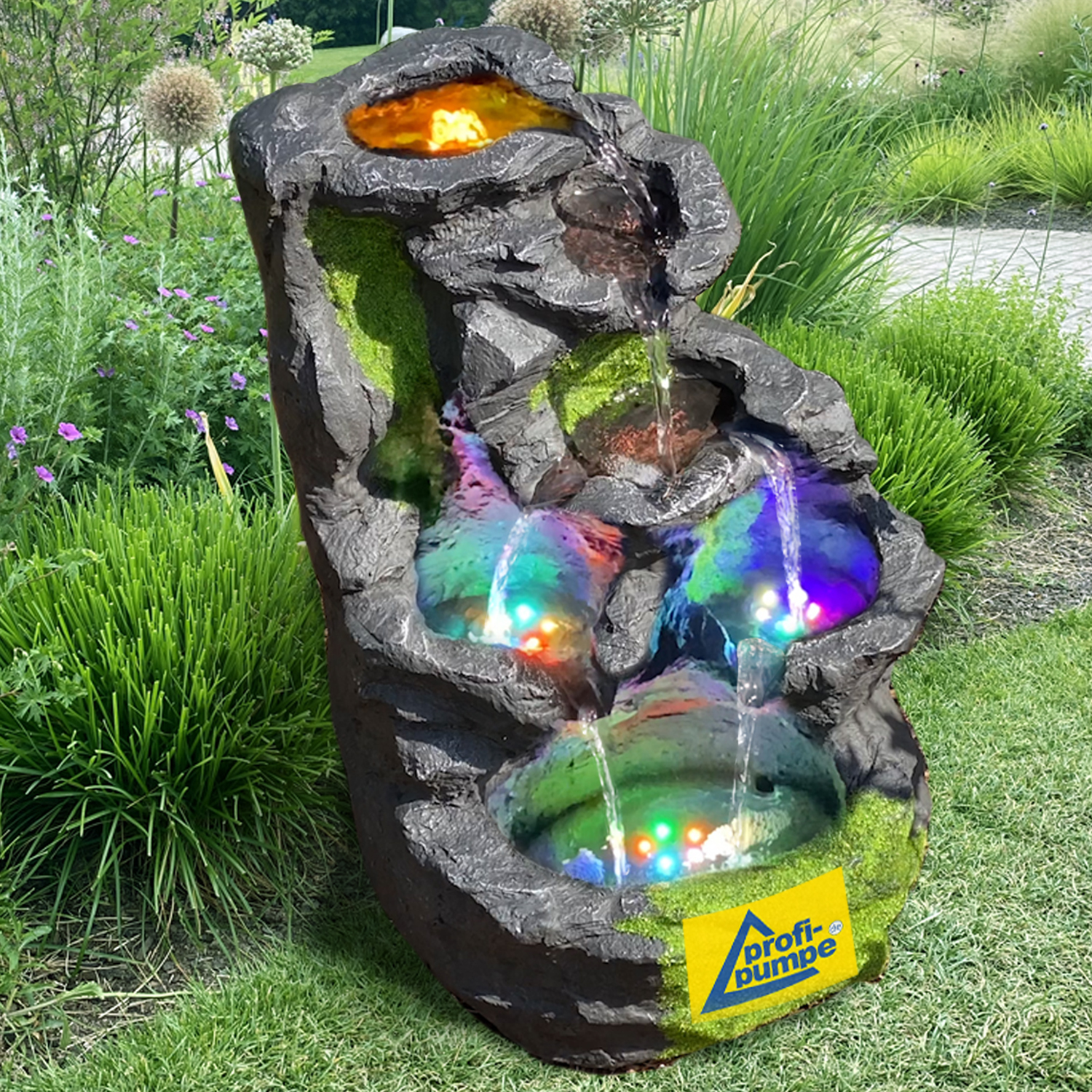 230V - Gartenbrunnen FELS-KASKADE mit 4 RGB LED-Licht-230V